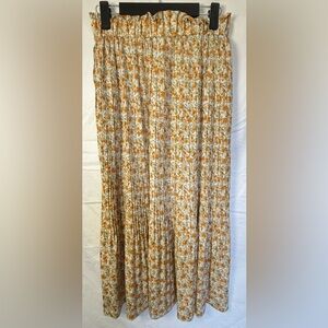 Exlura Floral Pleated Midi Skirt Elastic Waist Pockets Boho Size S